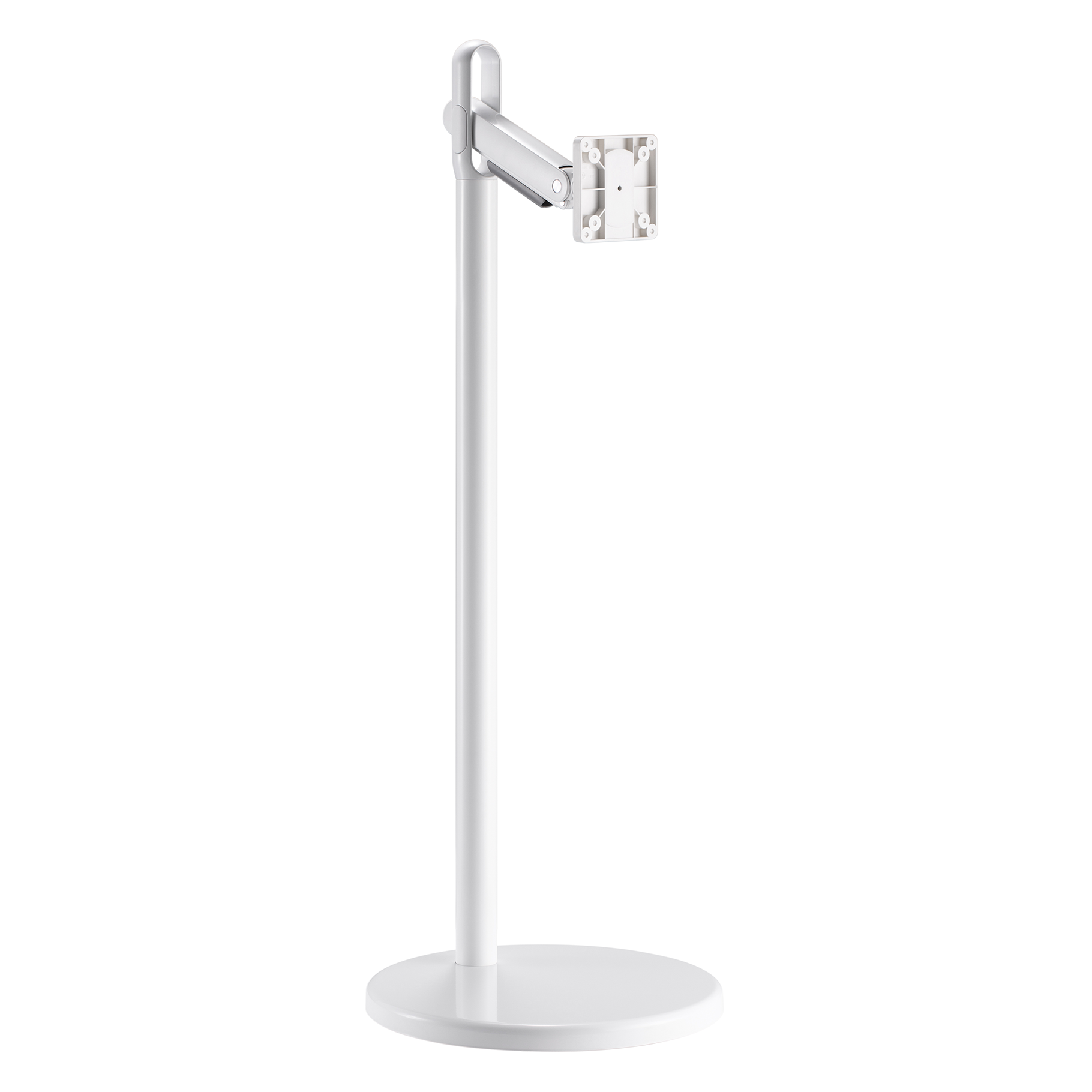 Un soporte para monitor blanco con un poste vertical largo, una base redonda y un brazo ajustable.