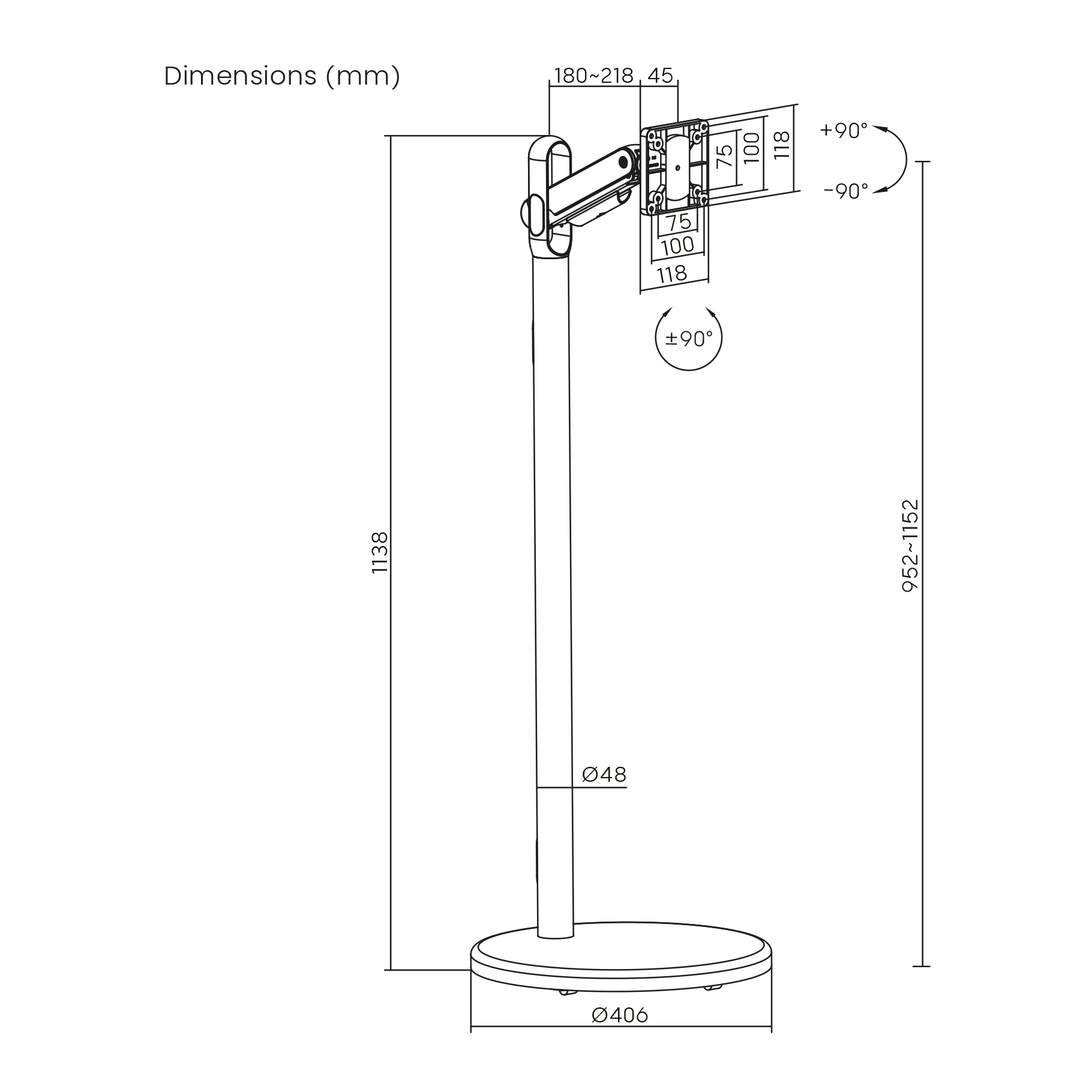 Dibujo lineal de un soporte de monitor con dimensiones en milímetros, altura, diámetro del poste y base.