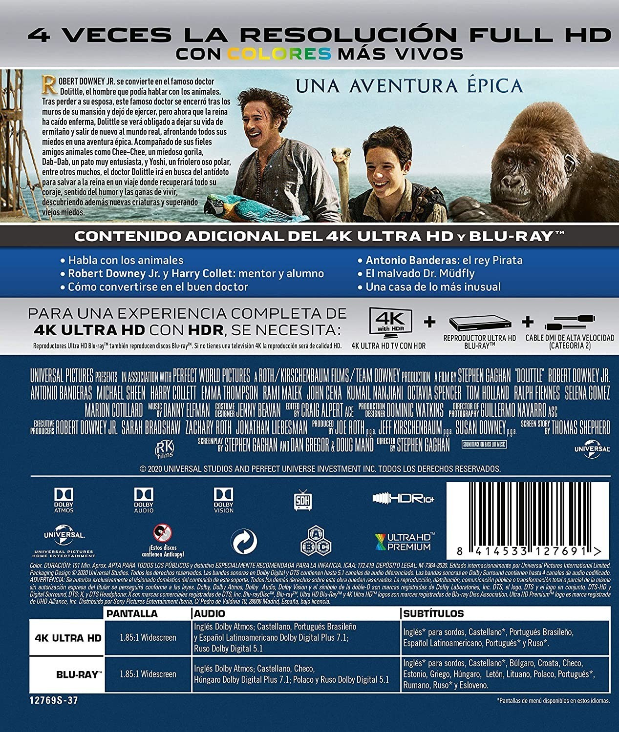 Contraportada de la caja de Blu-ray de Dolittle con texto, imágenes de personajes, detalles técnicos y códigos de barras.