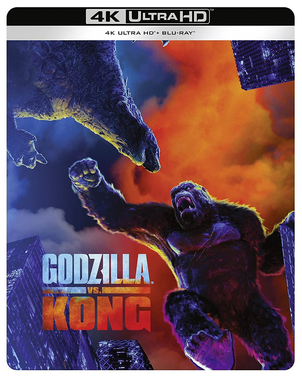 Godzilla y King Kong luchan entre sí en un paisaje urbano colorido y destruido.