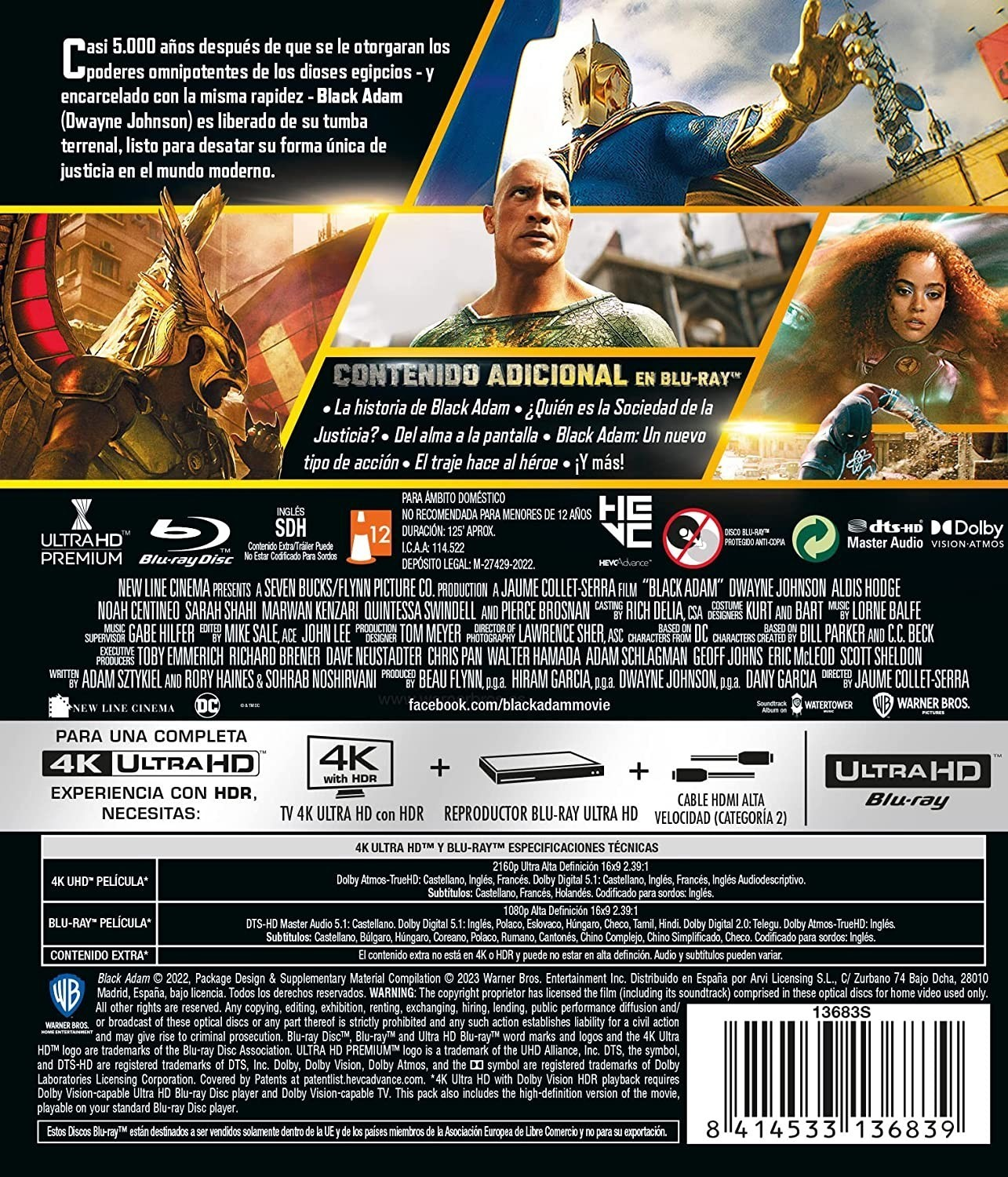 Contraportada de la caja Blu-ray de Black Adam con fotos de personajes y detalles técnicos.
