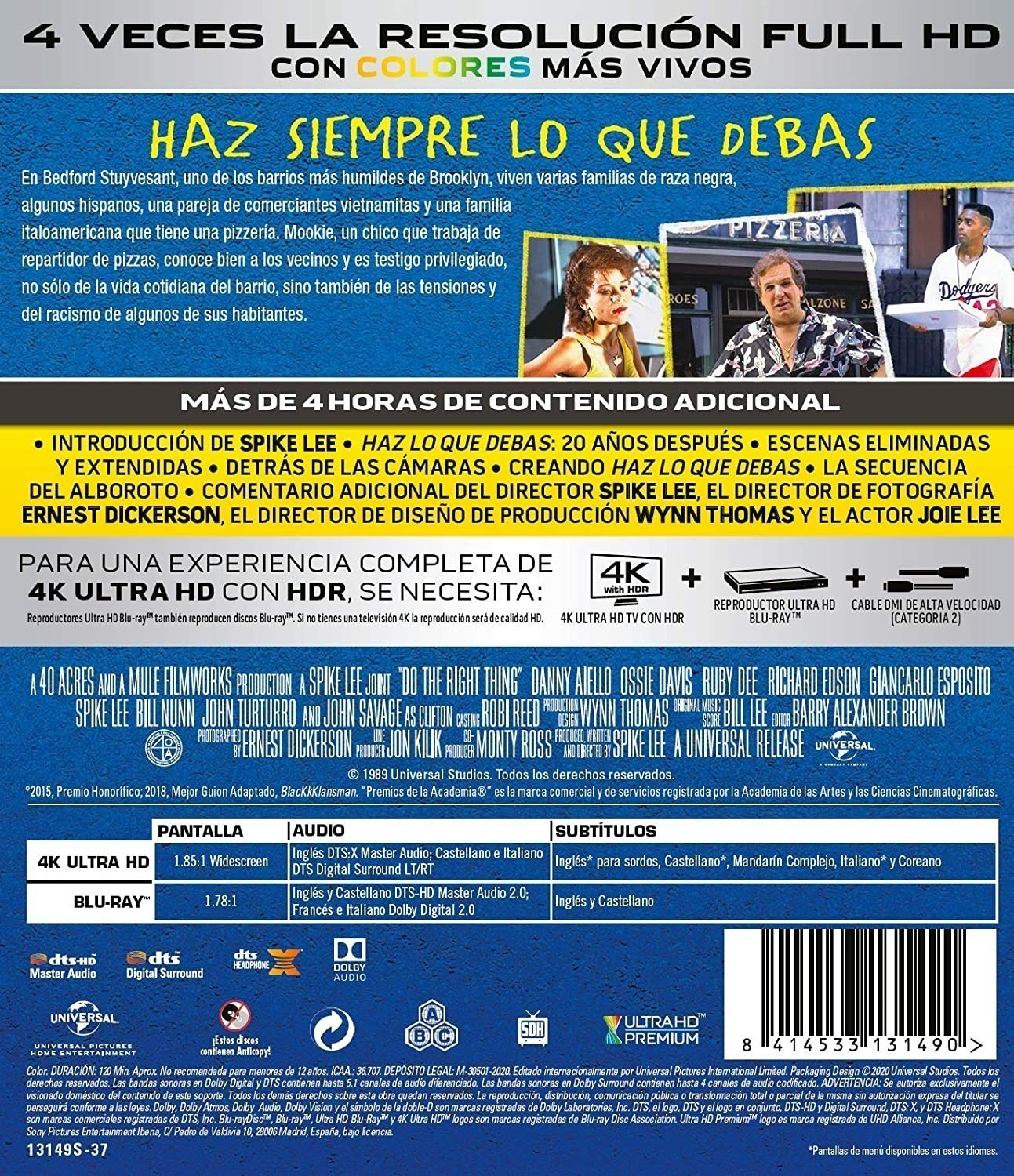 Contraportada del DVD de Do the Right Thing con fotogramas, sinopsis en español, reparto y especificaciones.