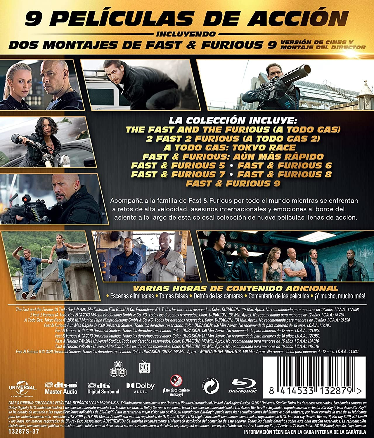 Carátula de DVD de una colección de 9 películas de Fast & Furious con fotos del reparto, títulos y extras.