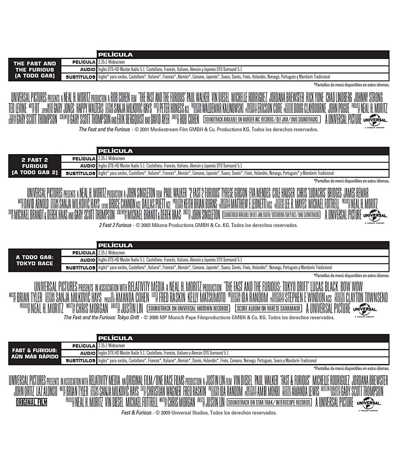 Diseños de lomo de DVD y créditos de cuatro películas de Fast and Furious.