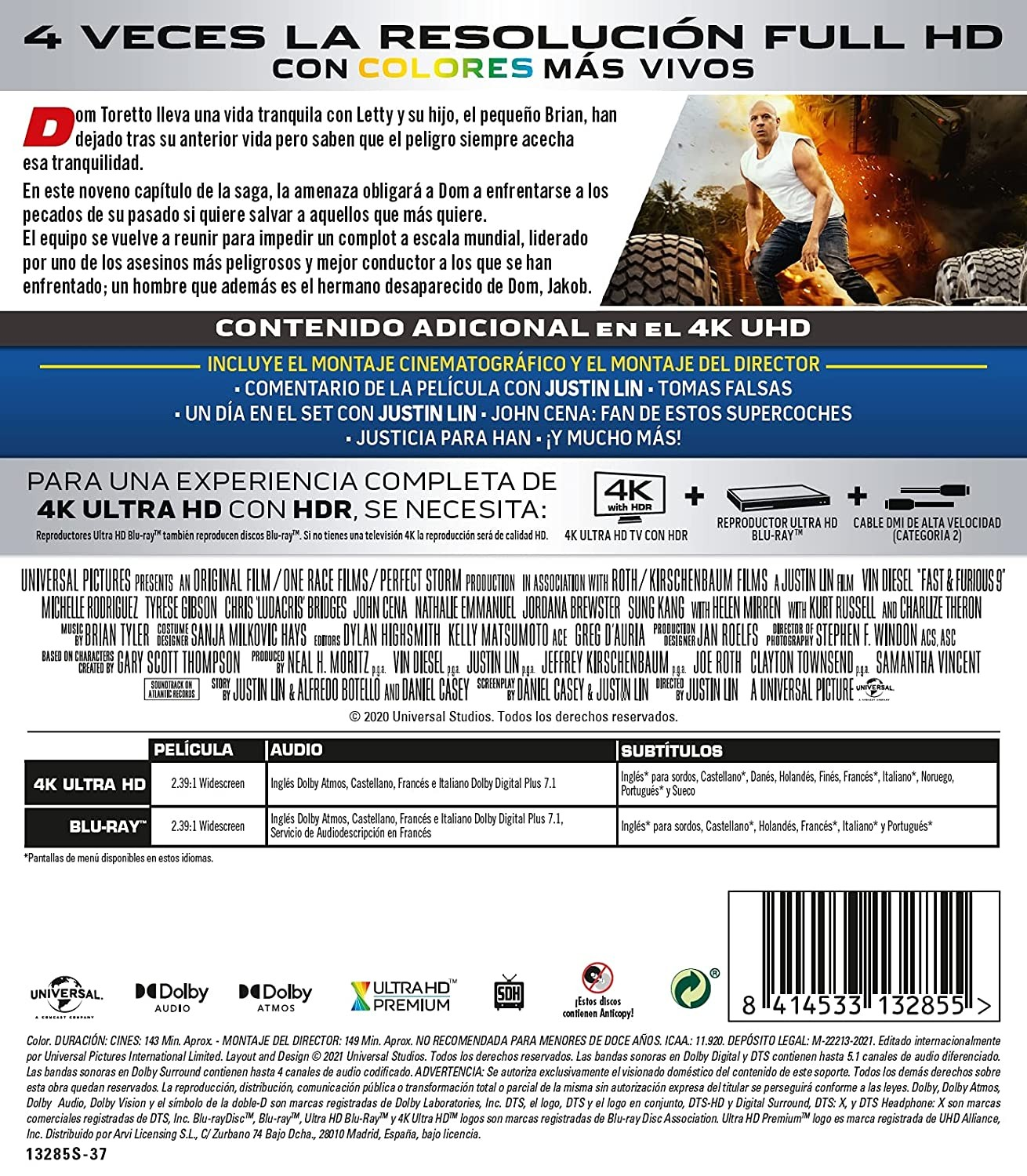 Contraportada de un estuche Blu-ray 4K UHD con sinopsis, imágenes, detalles técnicos y código de barras.