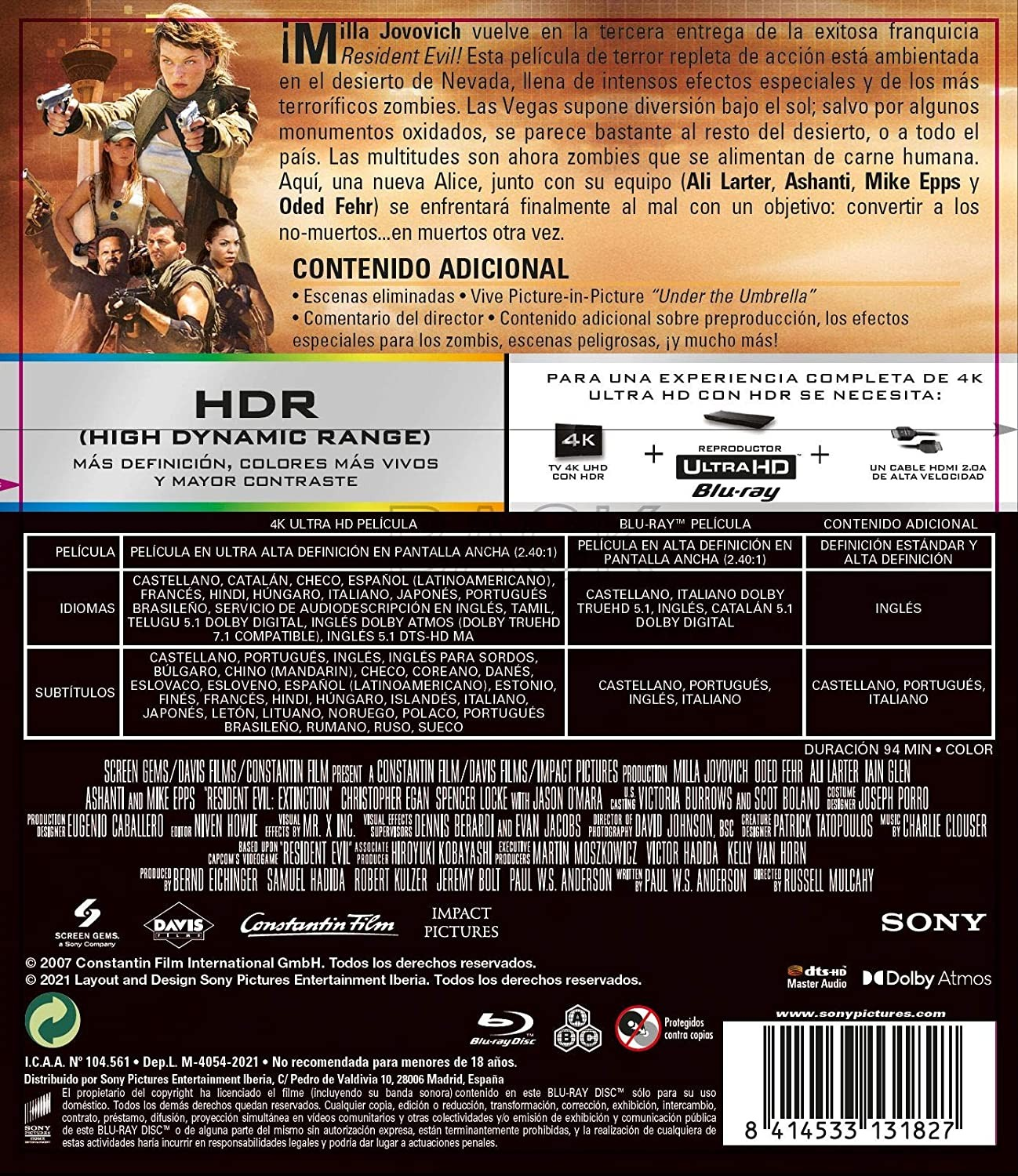 Contraportada de un estuche Blu-ray de Resident Evil Extinction con texto e imágenes.