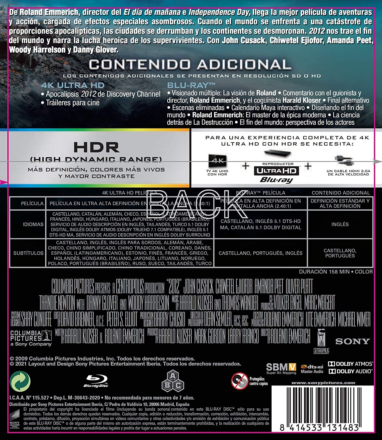 La contraportada de la película 2012 muestra contenido, idiomas y detalles técnicos.