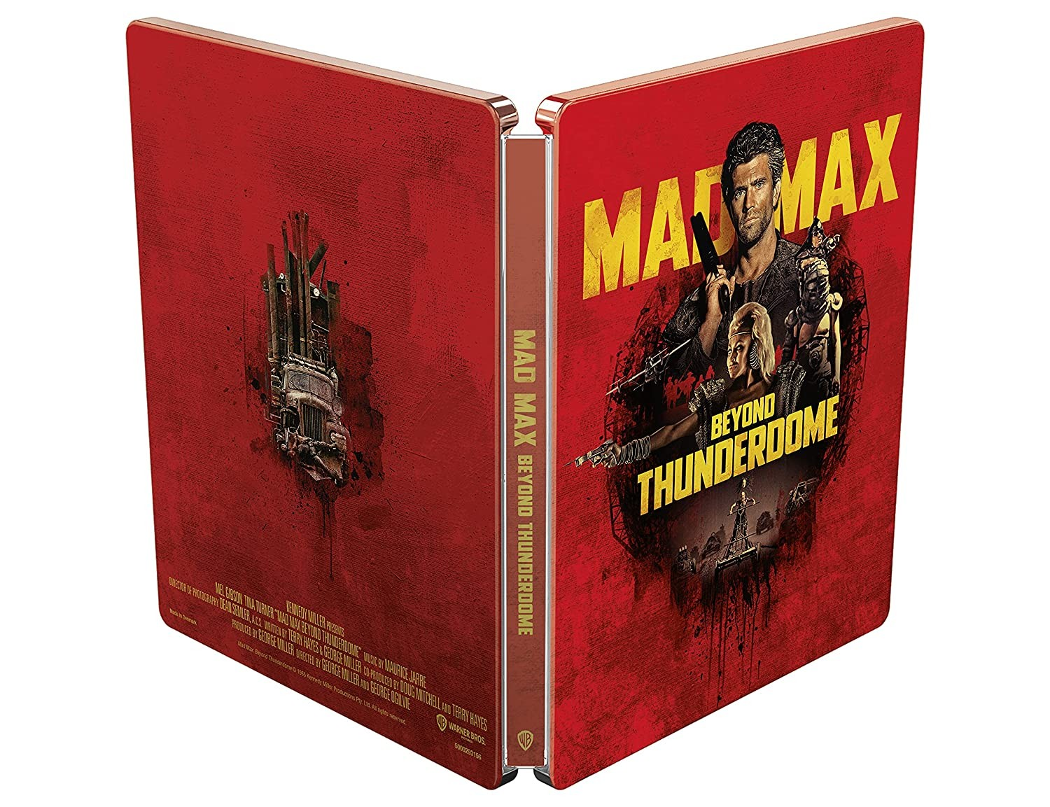 Steelbook rojo de Mad Max Beyond Thunderdome con personajes y título amarillo.