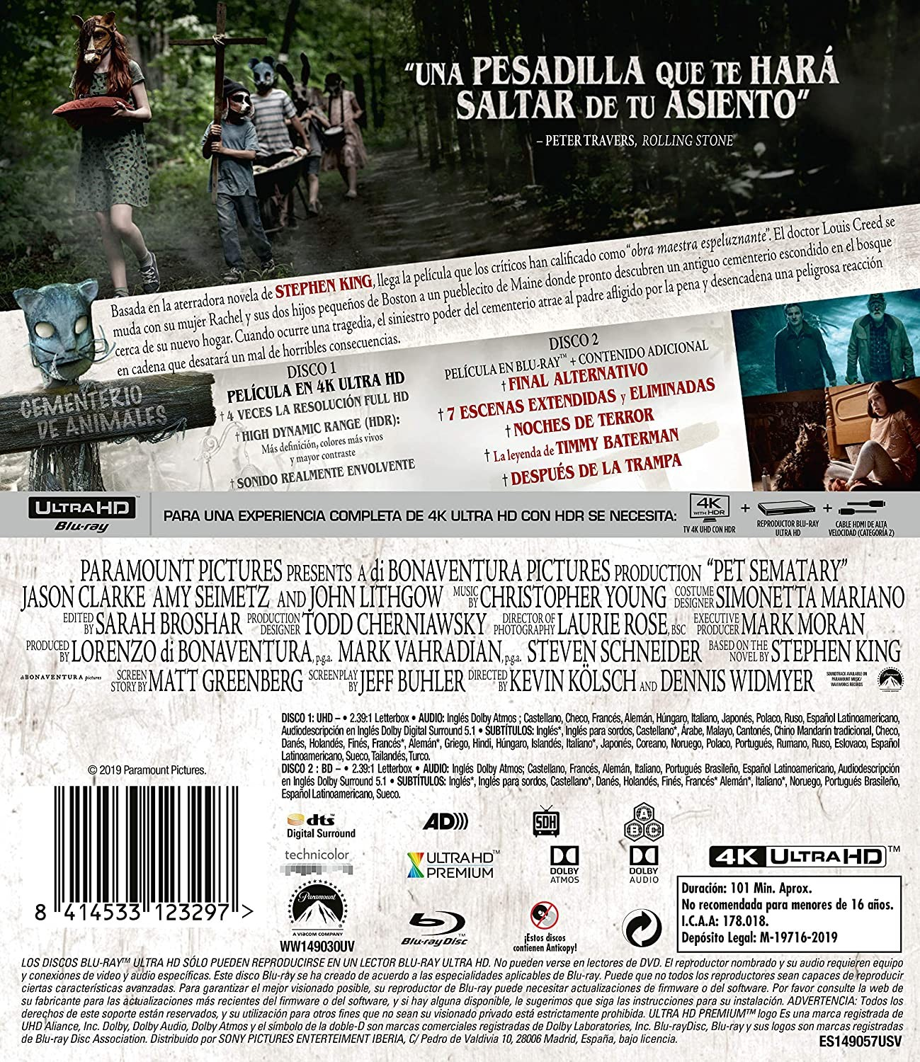 Contraportada de un Blu-ray de Cementerio de Animales con fotogramas, sinopsis y detalles técnicos.