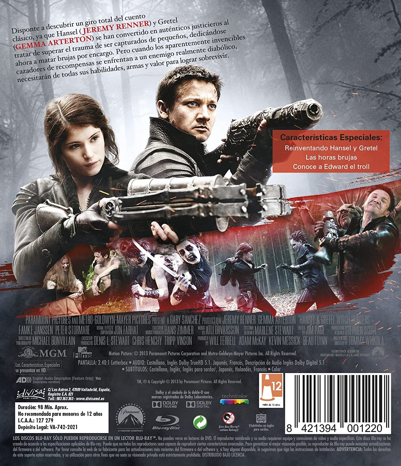 Carátula de Hansel y Gretel: Cazadores de brujas con Jeremy Renner y Gemma Arterton con armas.