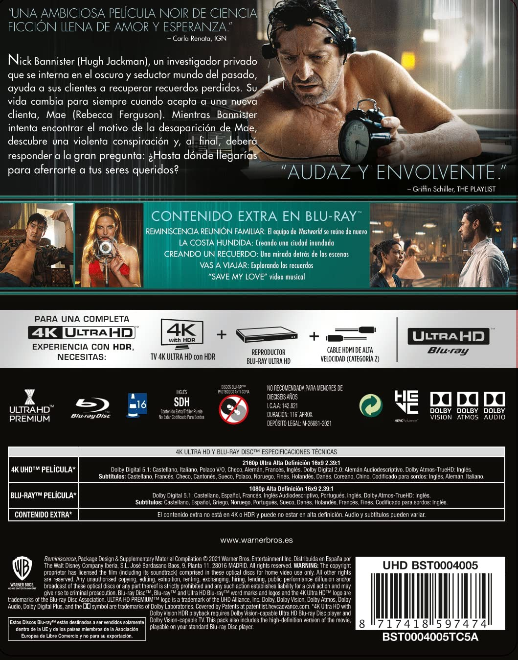 Contraportada de un estuche Blu-ray 4K Ultra HD con escenas de la película, detalles del reparto e info técnica.