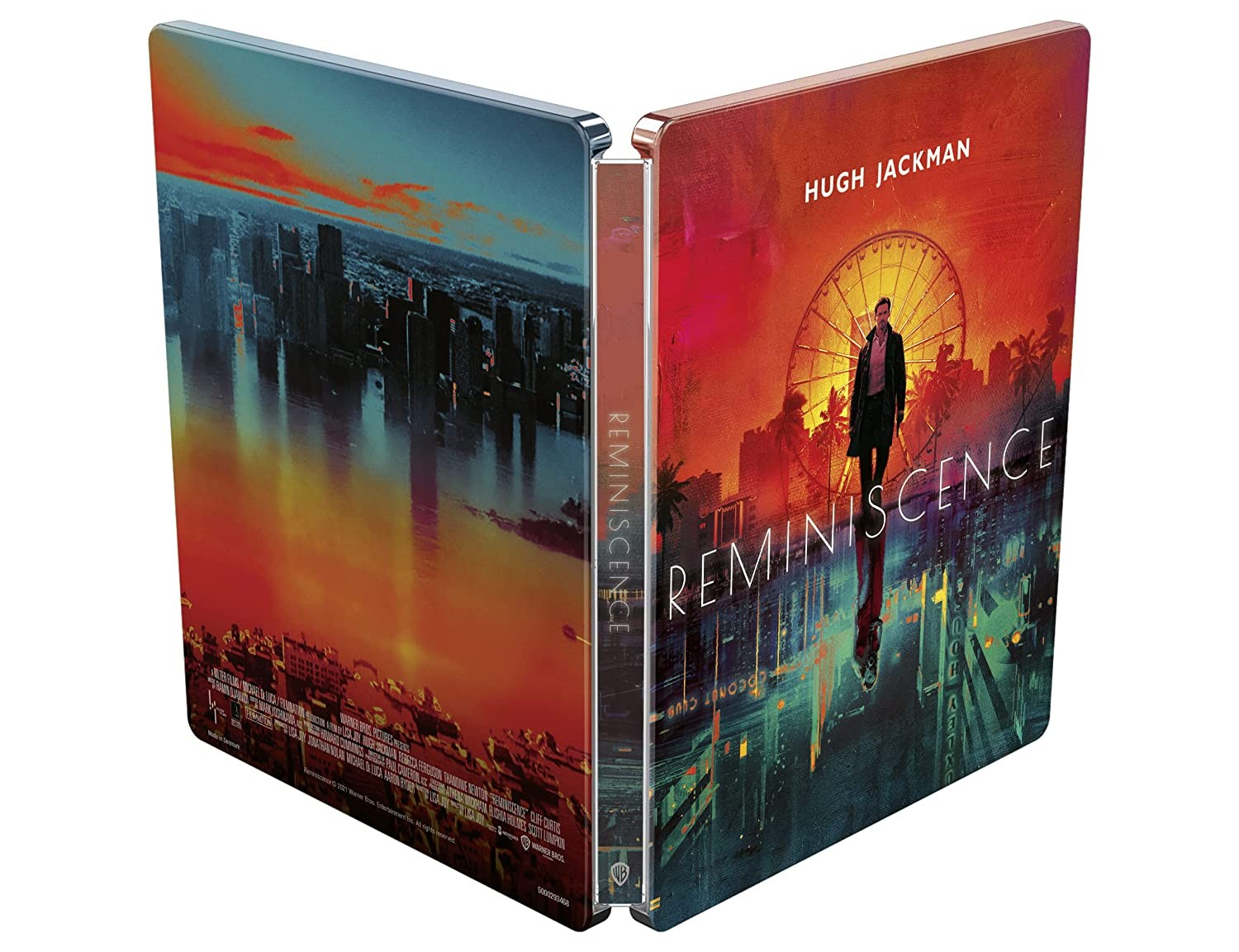Steelbook de Reminiscence con Hugh Jackman sobre un fondo de atardecer naranja y ciudad.