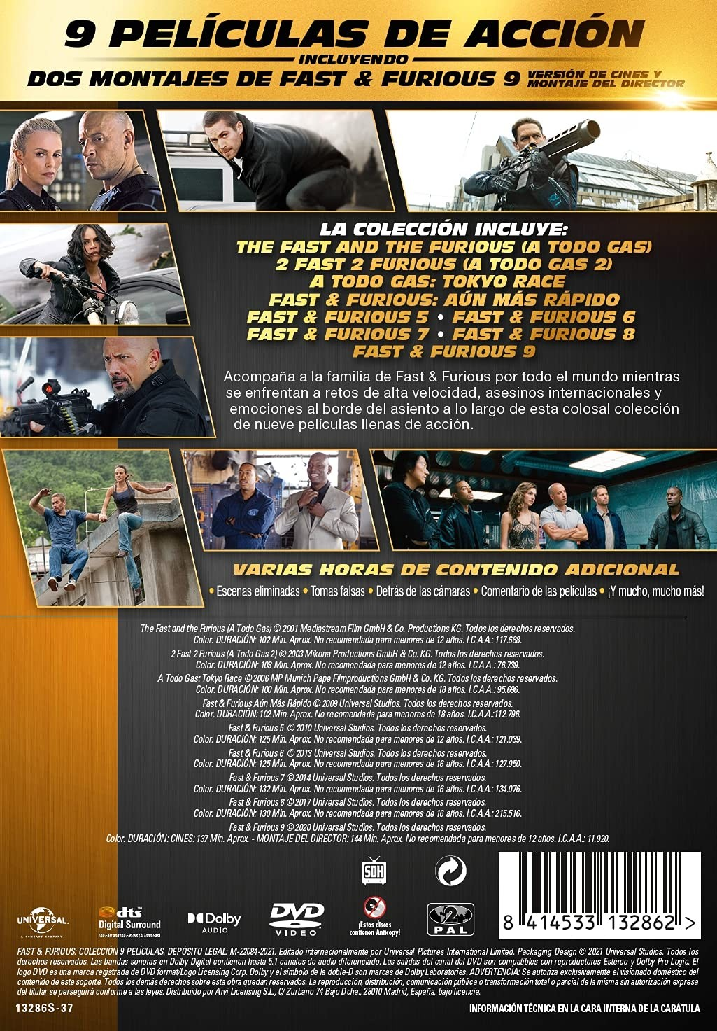 Contraportada de un estuche de DVD de Fast & Furious 9 con imágenes y texto.