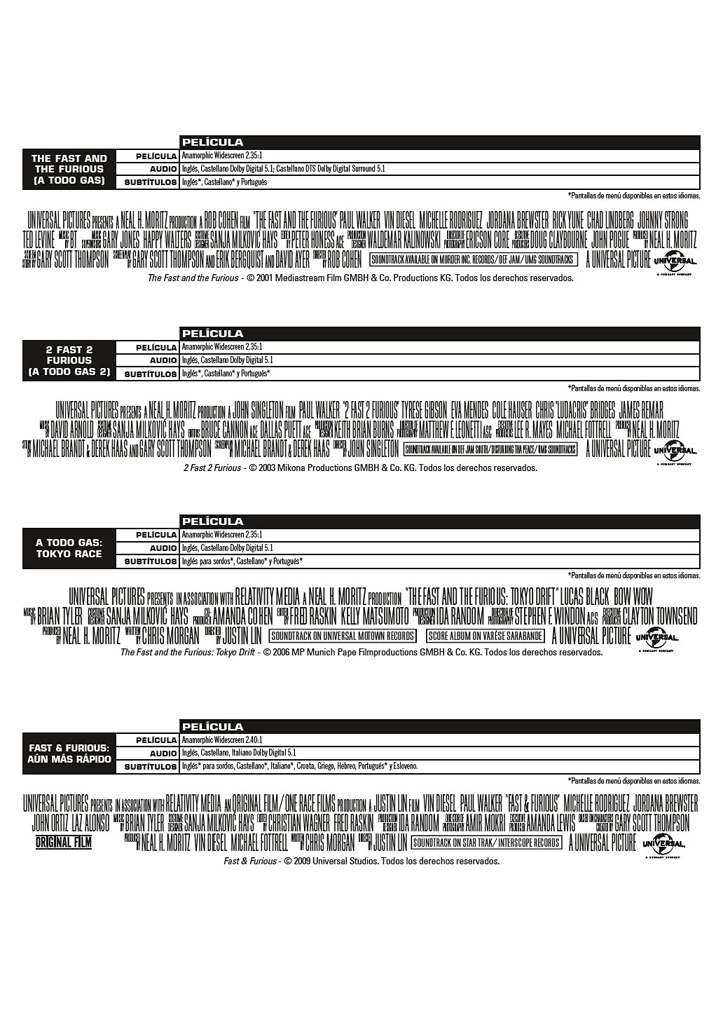 Créditos de películas y especificaciones de cuatro filmes.