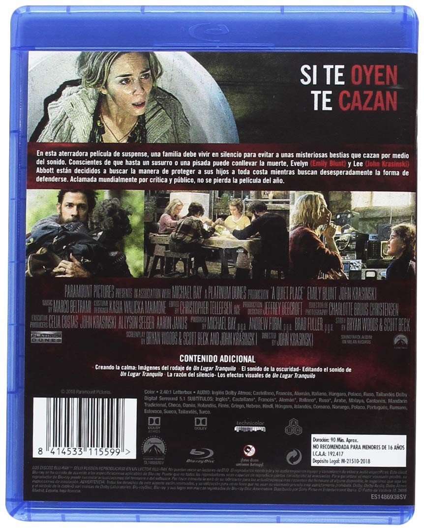 Contraportada del Blu-ray de Un Lugar Tranquilo con fotogramas, sinopsis y detalles técnicos.