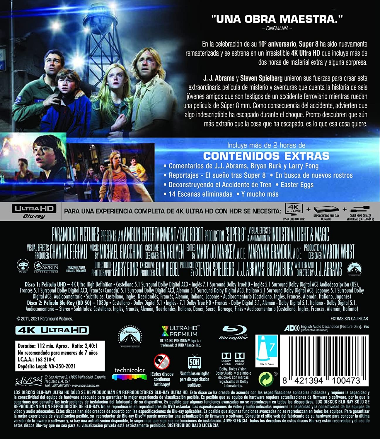Contraportada de un estuche Blu-ray de Super 8 con fotogramas de la película, créditos y detalles técnicos.