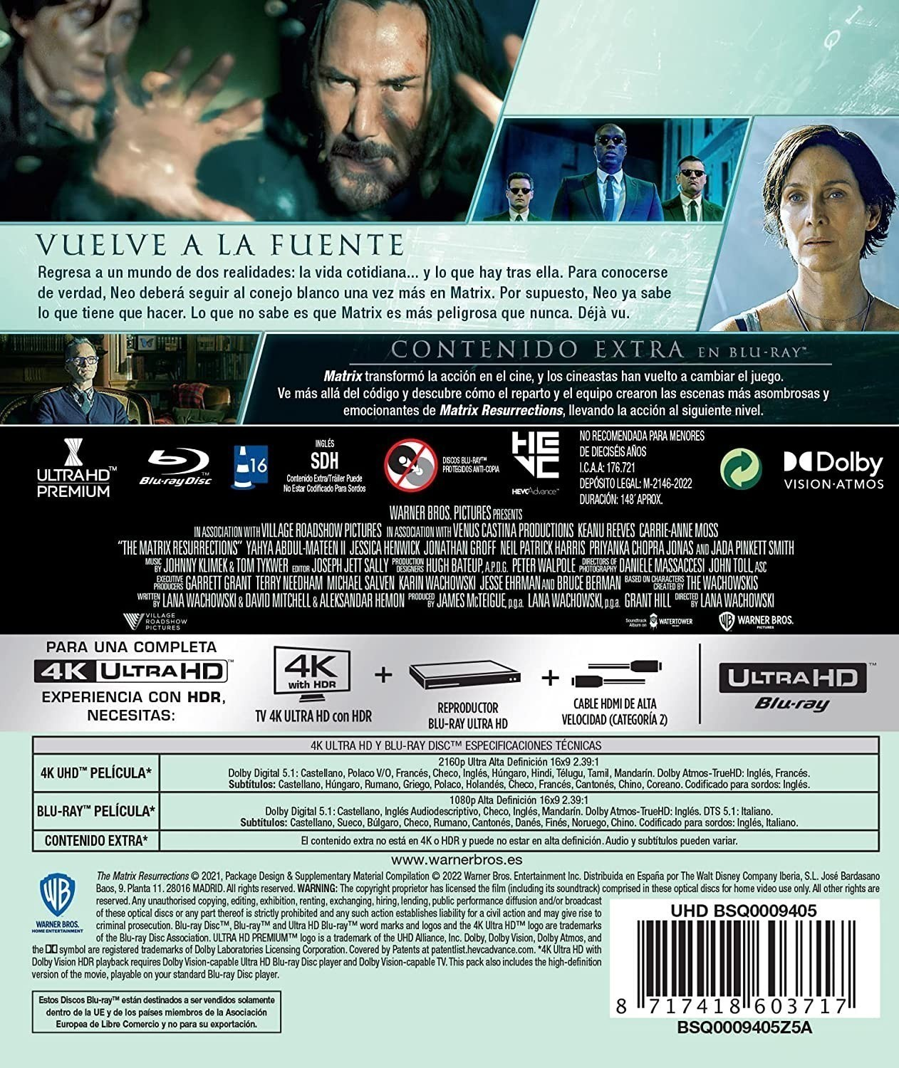 La contraportada de The Matrix Resurrections Blu-ray incluye fotogramas, texto en español y detalles técnicos.