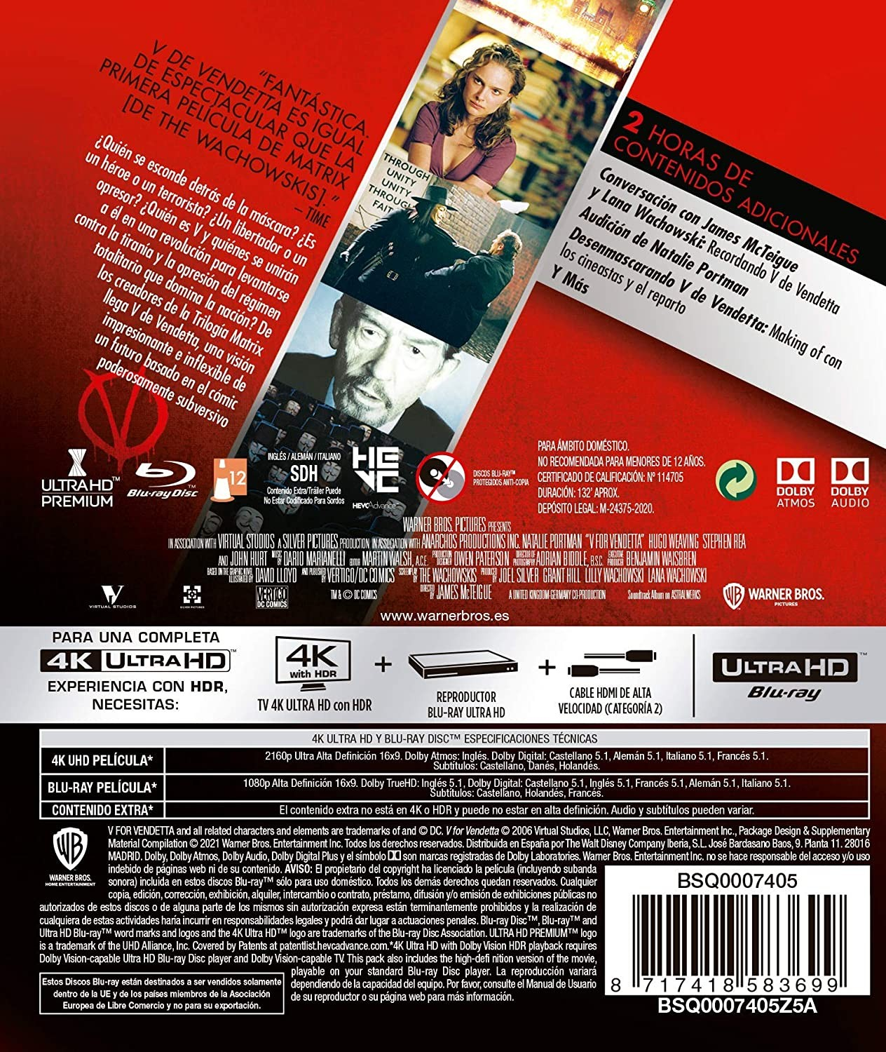 Contraportada del estuche Blu-ray 4K Ultra HD de V de Vendetta con texto y logotipos.