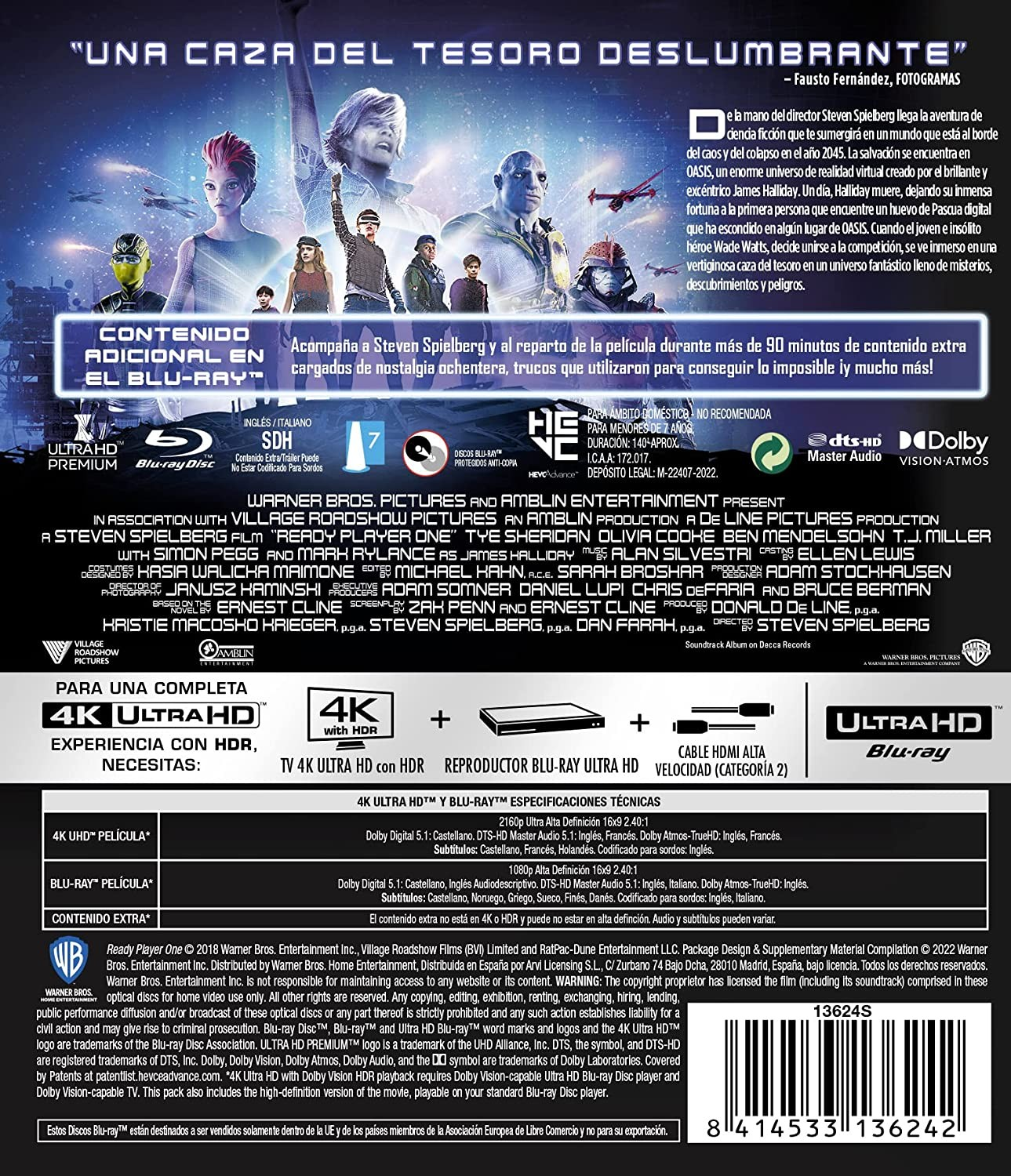 Contraportada de un estuche Blu-ray de Ready Player One con personajes, detalles y especificaciones en español.