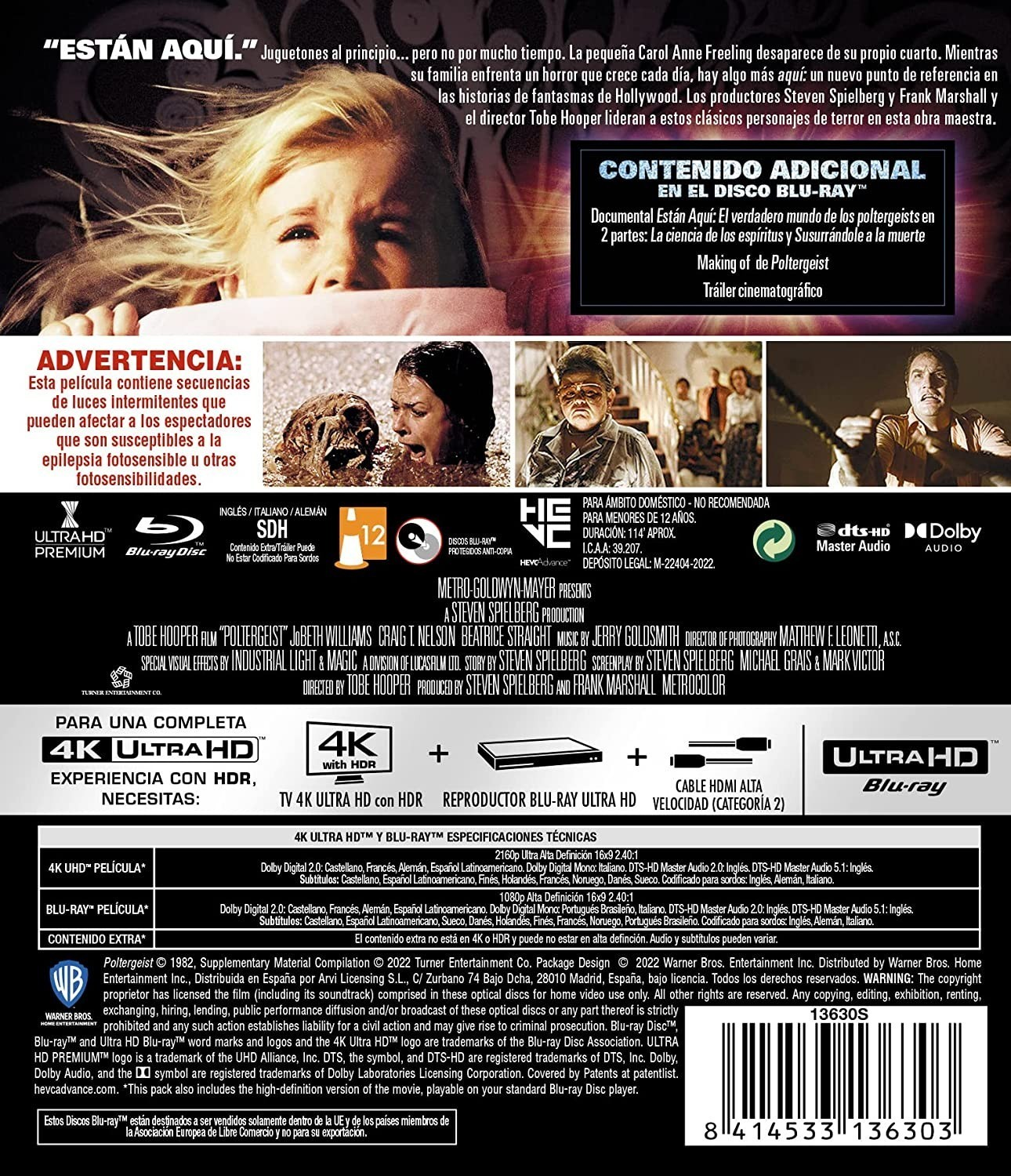 Contraportada de un estuche Blu-ray de Poltergeist con escenas de la película, texto y código de barras.