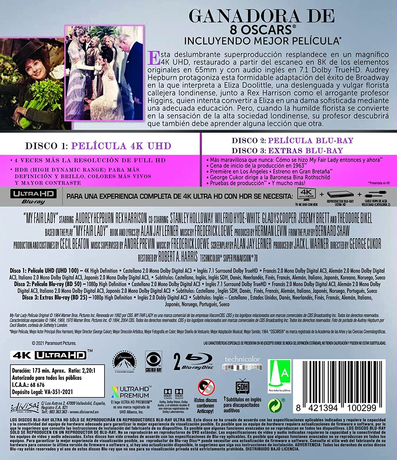 Contraportada del estuche Blu-ray 4K UHD de My Fair Lady con detalles de la película.