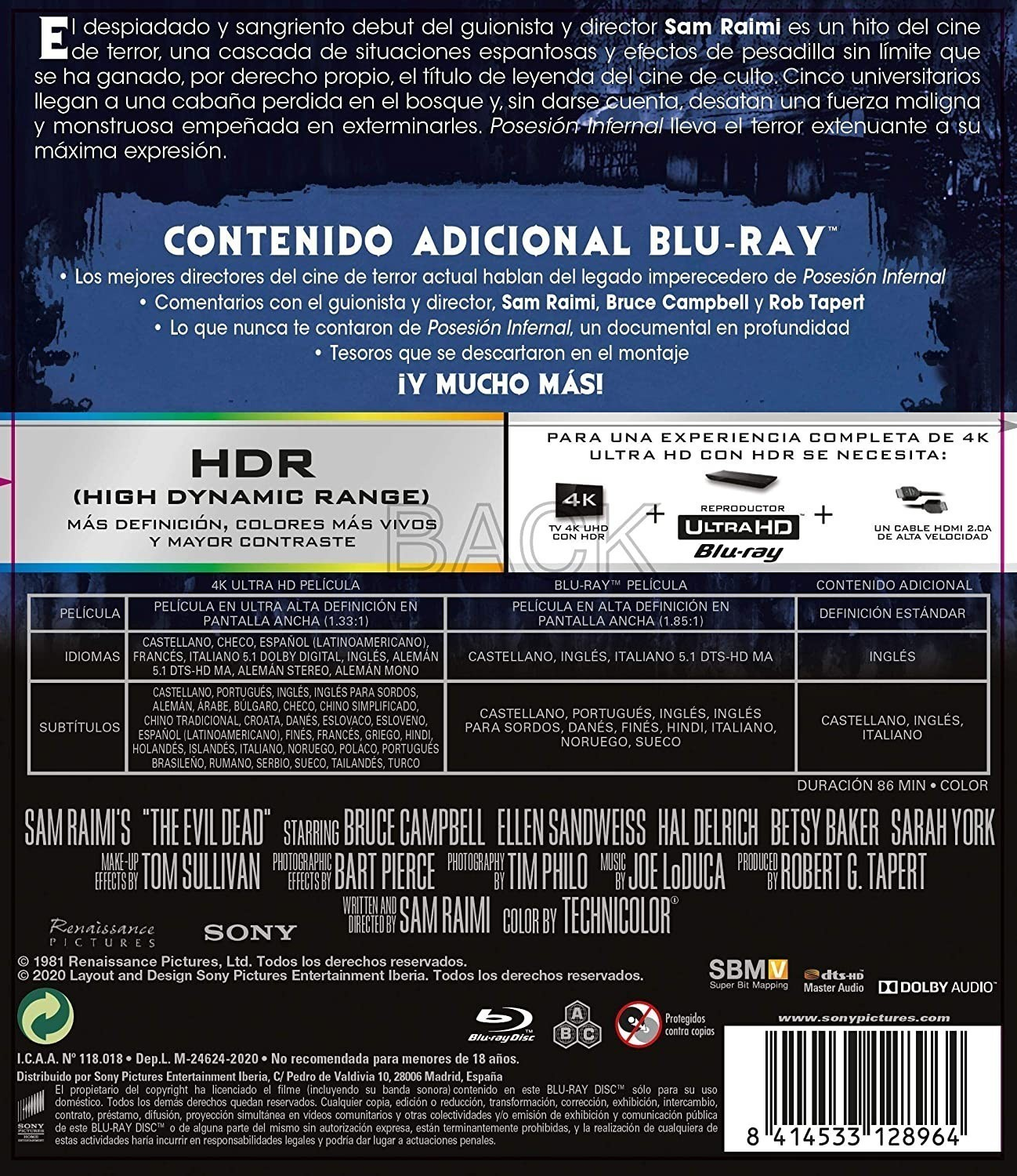 Contraportada de Blu-ray de Posesión Infernal de Sam Raimi con texto en español, tablas, reparto y especificaciones técnicas.