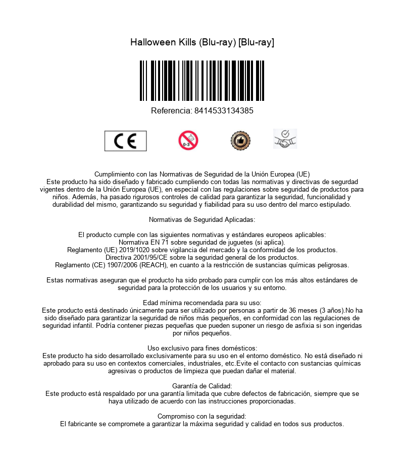 Información del producto con código de barras y avisos de seguridad para Halloween Kills Blu-ray.