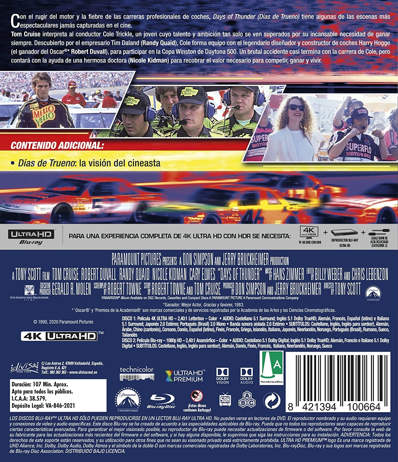 Contraportada del Blu-ray de Days of Thunder con imágenes, texto y detalles técnicos.