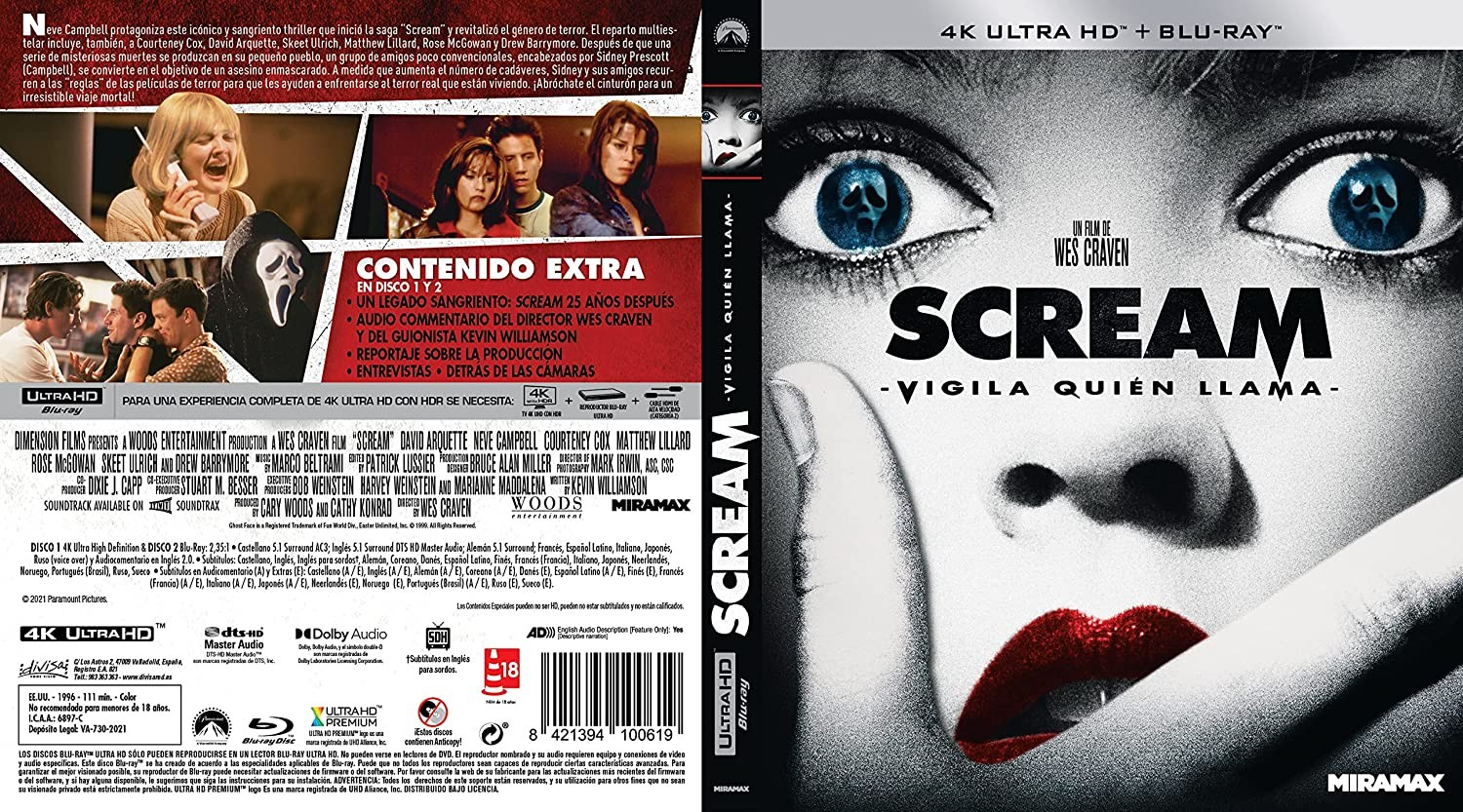 Portada de Blu-ray de Scream con un primer plano de la cara de una mujer aterrorizada, Ghostface en los ojos y pintalabios rojo.