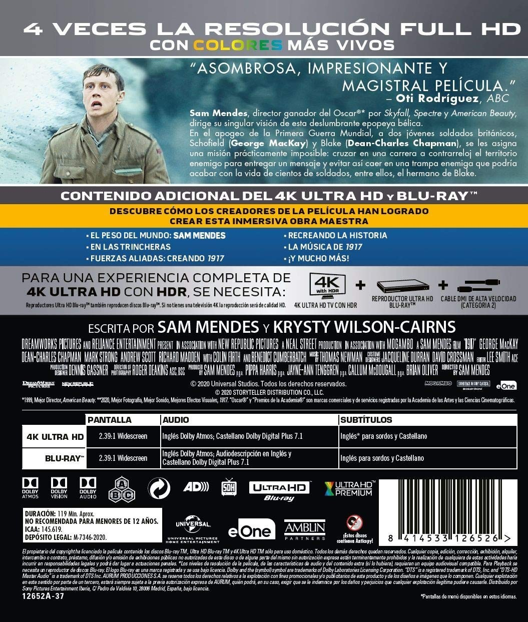 Contraportada de la caja de Blu-ray de la película 1917 con texto, créditos y detalles técnicos.