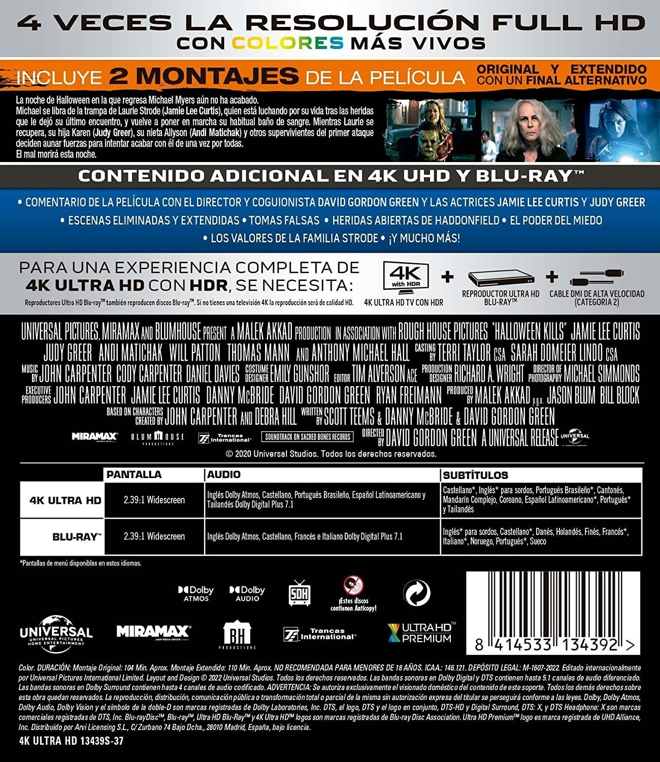 Contraportada de Halloween Kills en 4K Ultra HD Blu-ray con texto en español, reparto y especificaciones.