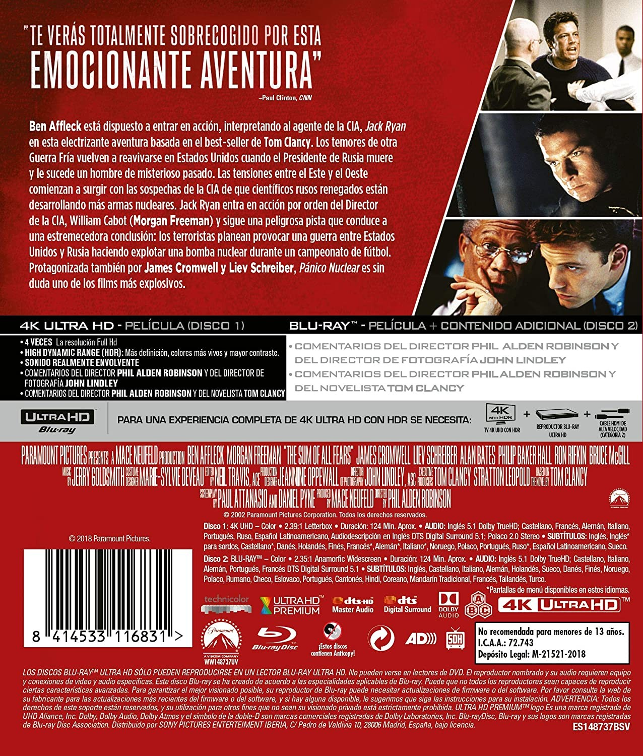 Contraportada de Pánico Nuclear en Blu-ray con texto, fotos y detalles técnicos.