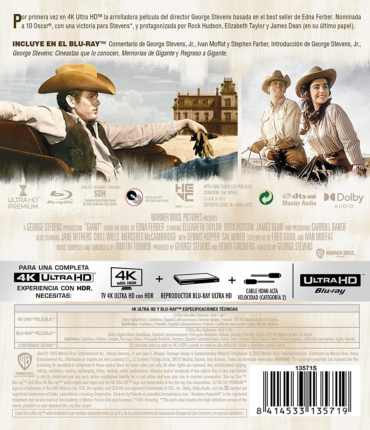 Contraportada de la caja Blu-ray de Gigantes, con Elizabeth Taylor, Rock Hudson y James Dean.