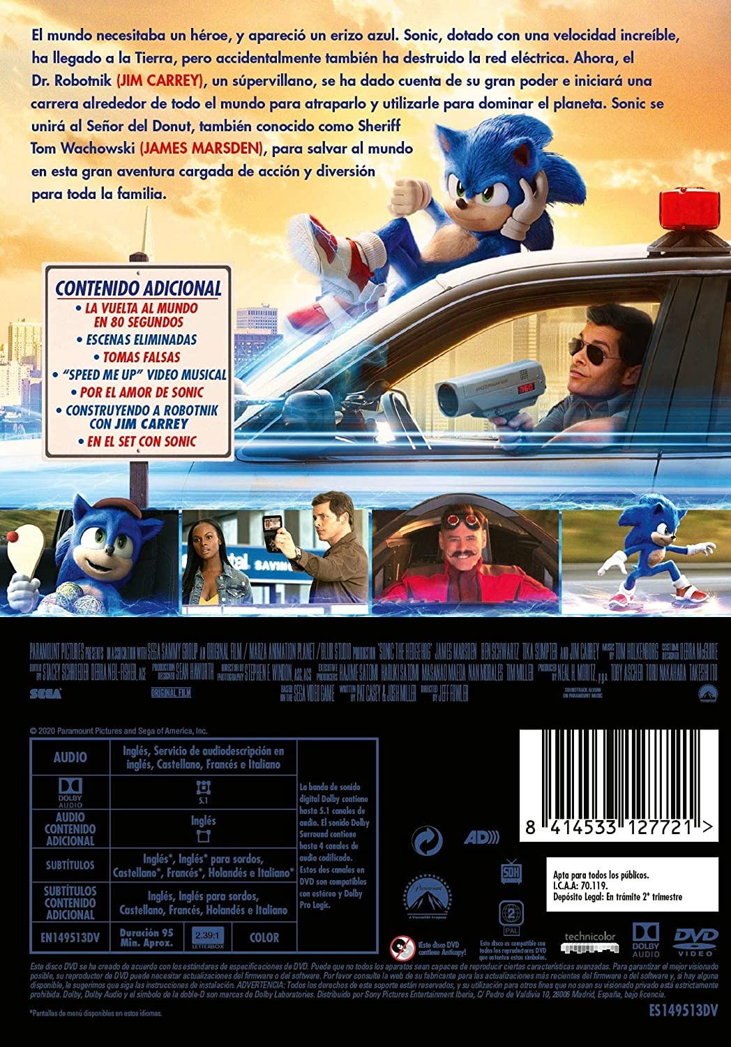 Caratula del DVD de Sonic con Sonic, James Marsden y Jim Carrey.