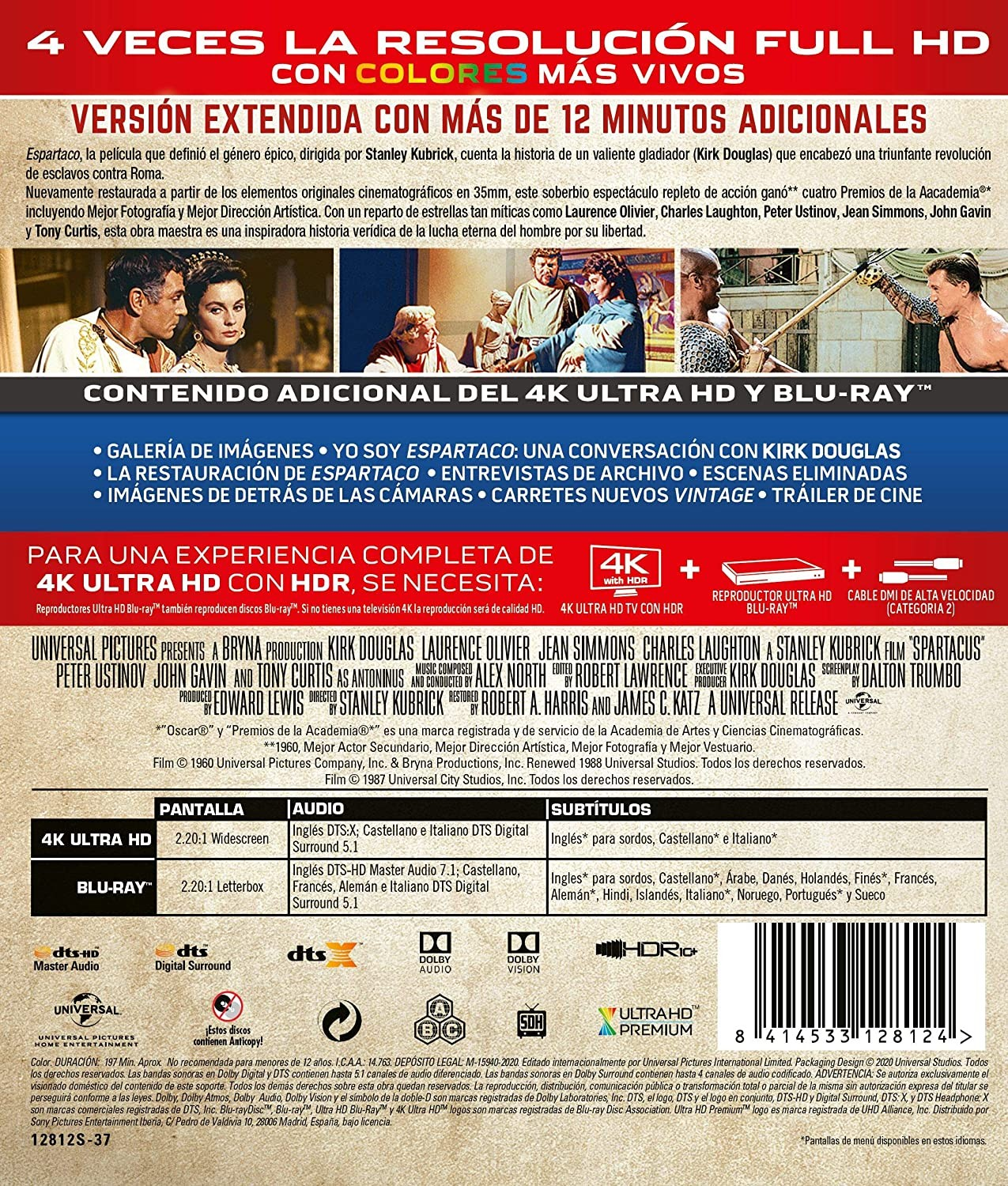Contraportada de un estuche de Blu-ray de Spartacus con texto, fotogramas de la película y detalles técnicos.
