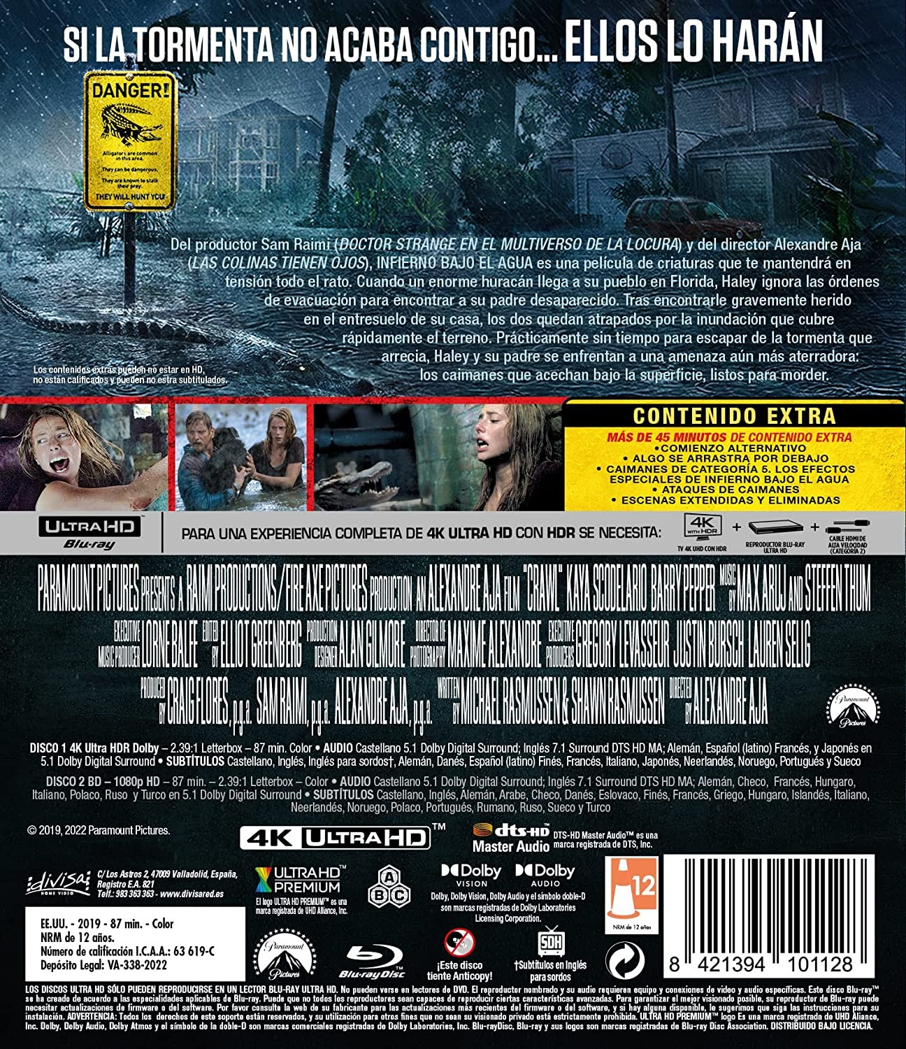 Contraportada del Blu-ray de la película Crawl con imágenes, texto y detalles técnicos.
