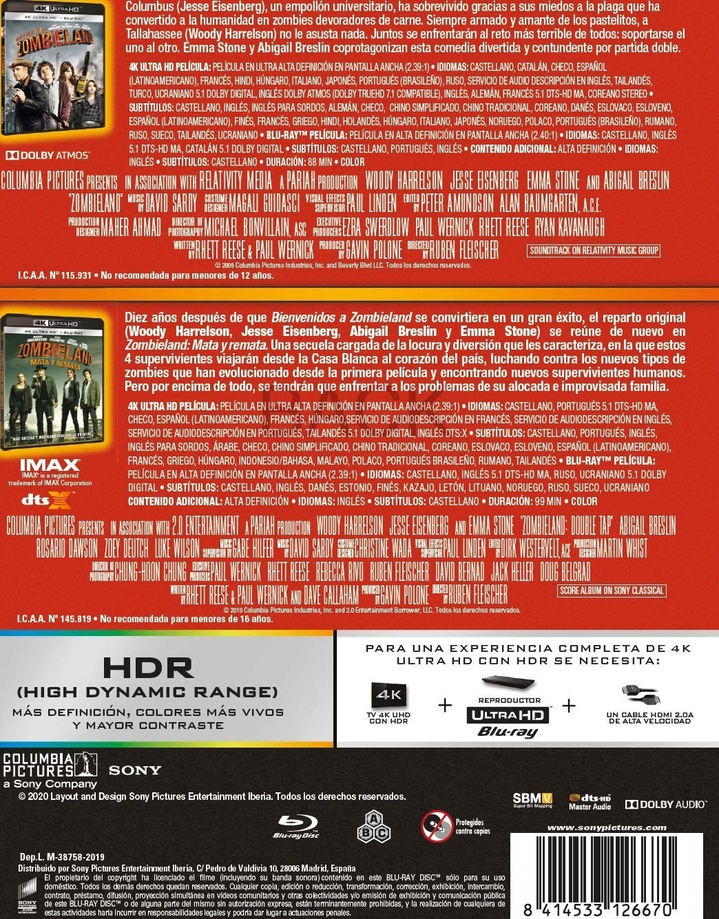 Contraportada de un estuche Blu-ray 4K UHD de Zombieland con texto en español, imágenes del reparto y detalles técnicos.