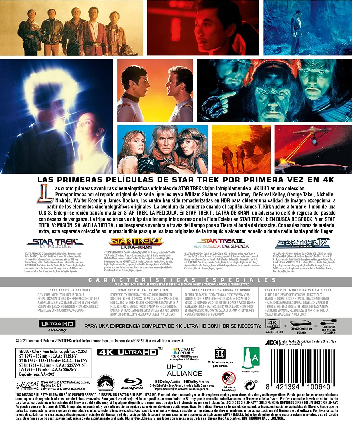 Carátula de Blu-ray 4K UHD de Star Trek con escenas, fotos del reparto y detalles técnicos.