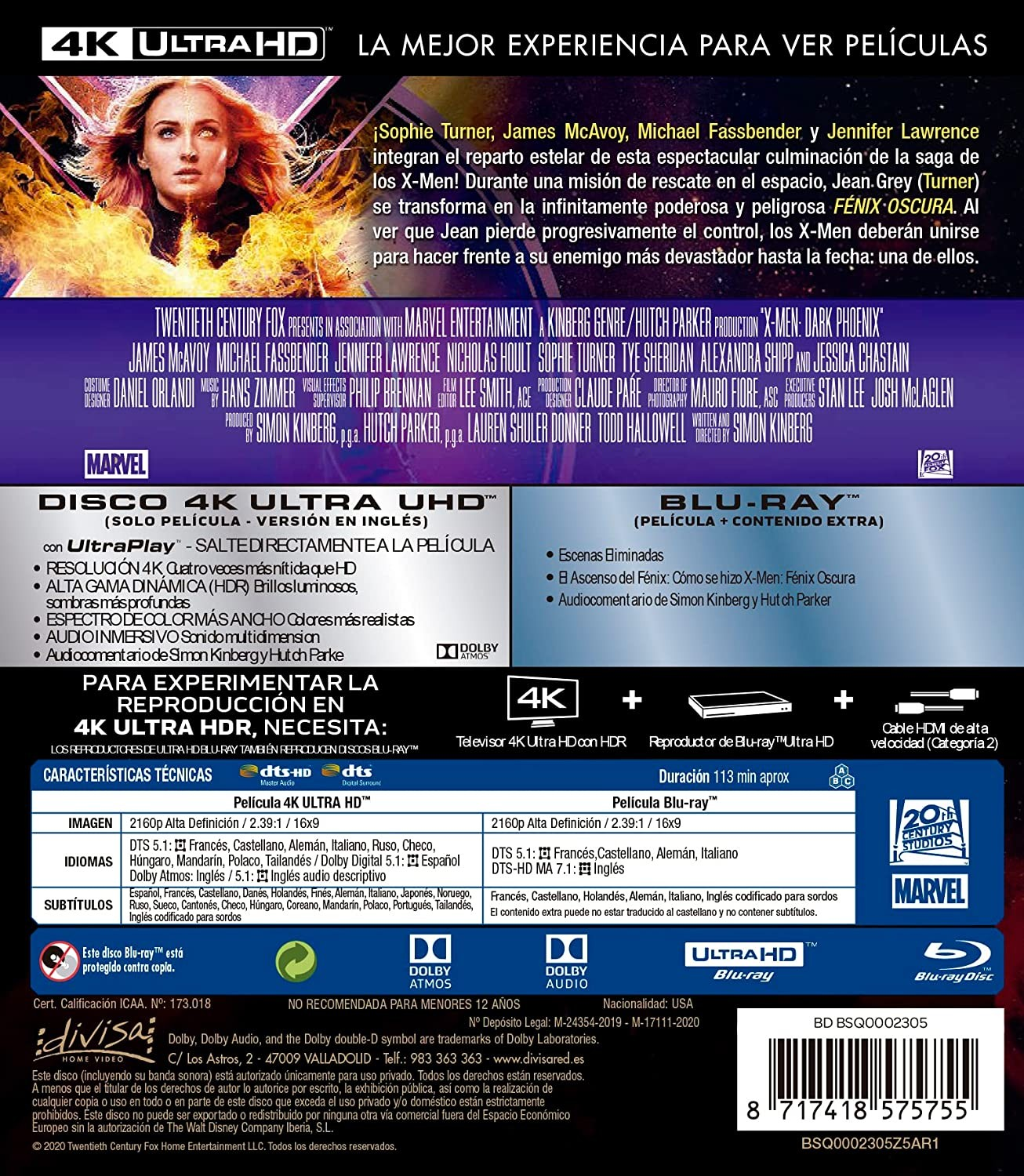 Contraportada de un estuche de Blu-ray 4K Ultra HD de X-Men Dark Phoenix con texto, imágenes y especificaciones.