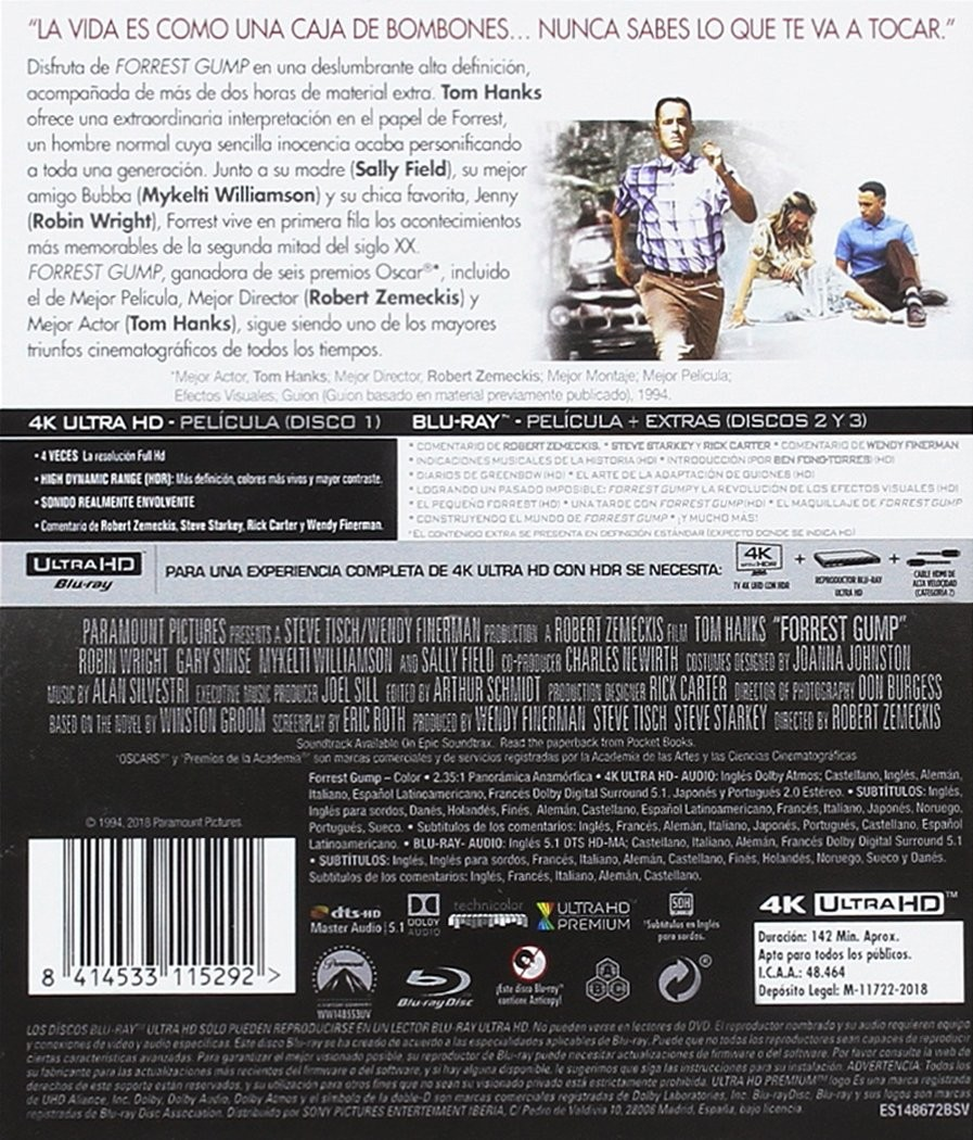 Contraportada de un estuche de Blu-ray de Forrest Gump con texto, fotogramas y detalles técnicos.