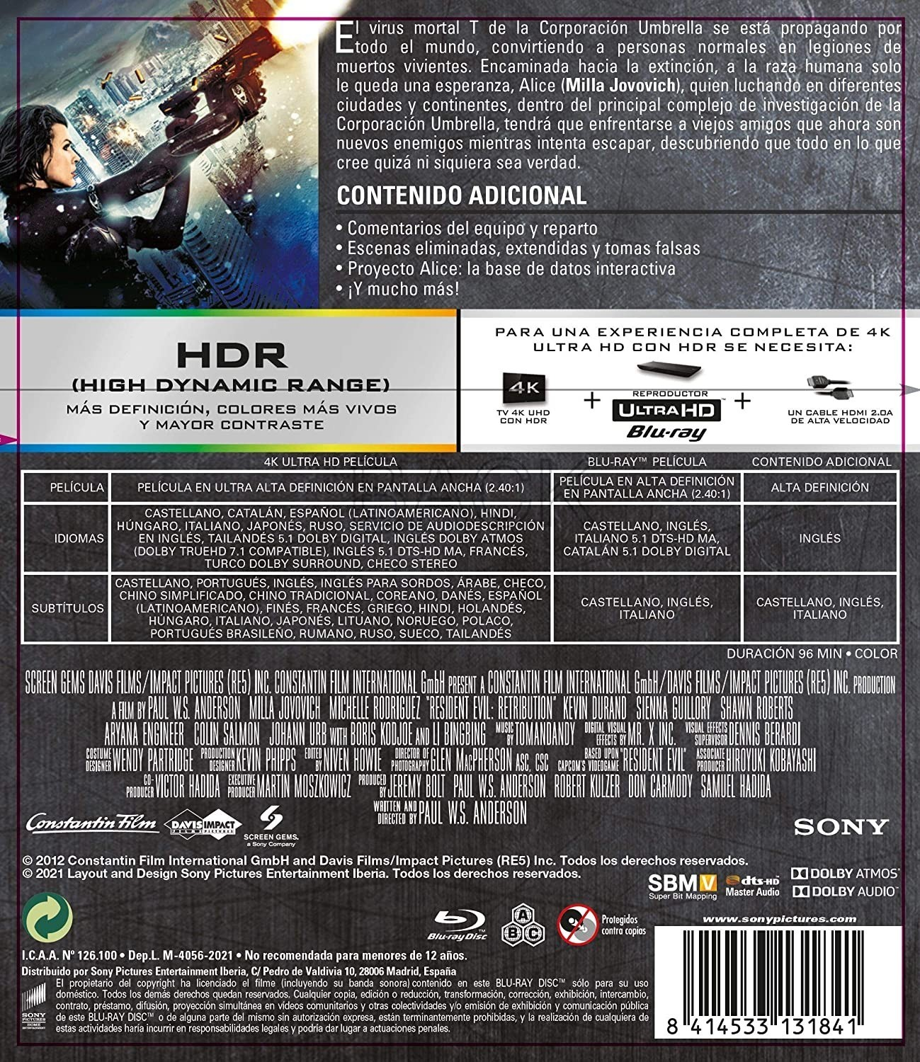 Contraportada de un Blu-ray de Resident Evil 5 con texto en español, imágenes y detalles técnicos.