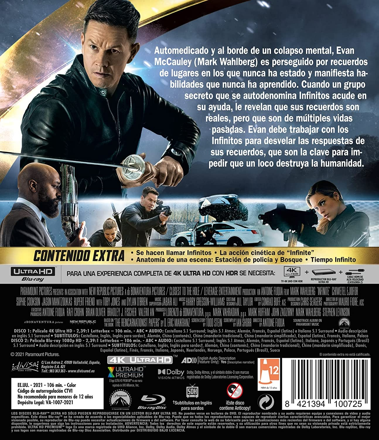 Contraportada del Blu-ray de la película Infinite con Mark Wahlberg, personajes, escenas de acción y texto.