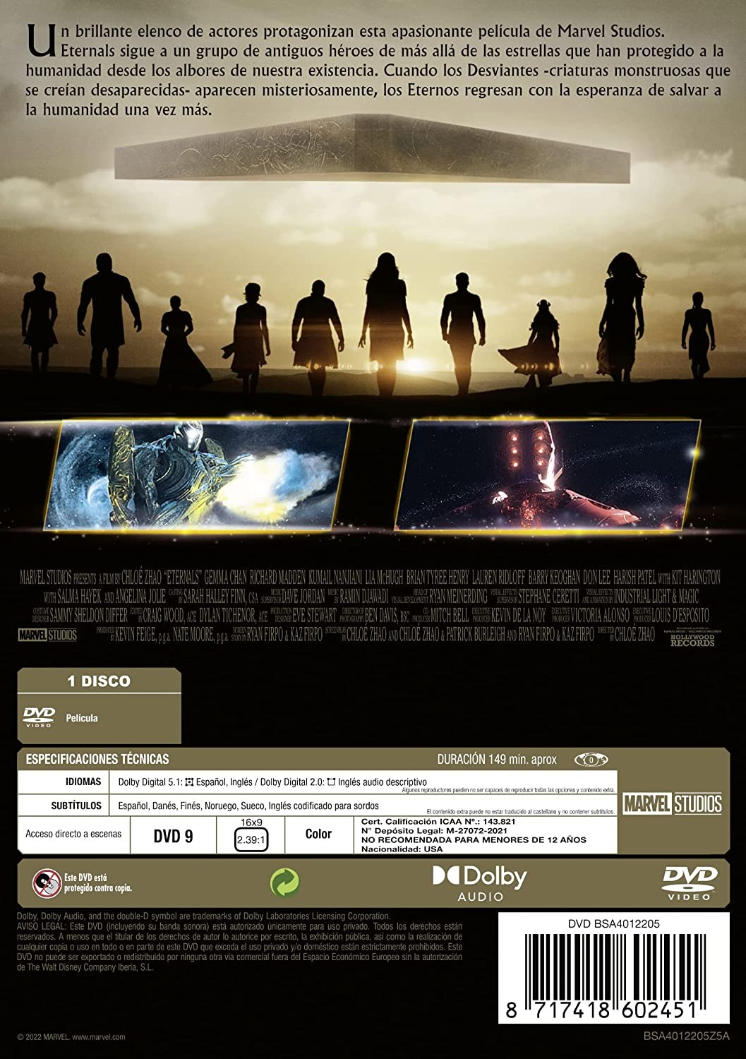 Contraportada de DVD con detalles de la película, reparto y diez siluetas de personajes bajo un cielo al atardecer.