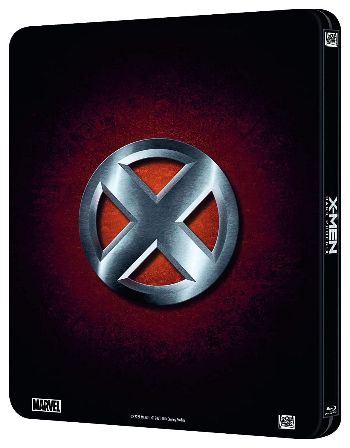 El logotipo metálico de X-Men centrado en un fondo rojo y negro.