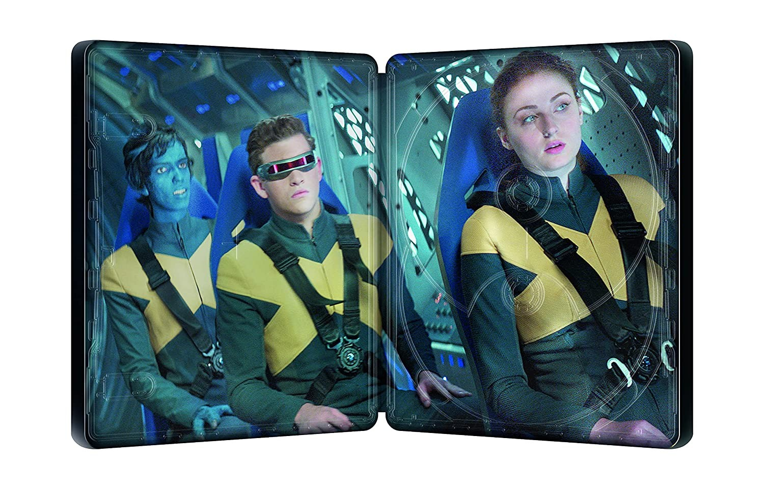 Personajes de X-Men con trajes de vuelo amarillos y negros a juego sentados en la cabina de una nave.