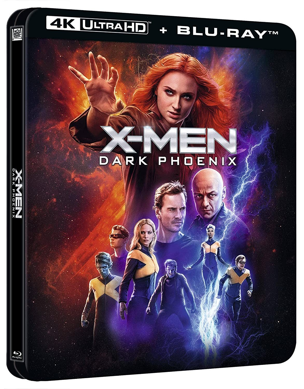 Carátula de X-Men Dark Phoenix 4K Ultra HD y Blu-ray con personajes sobre un fondo cósmico.