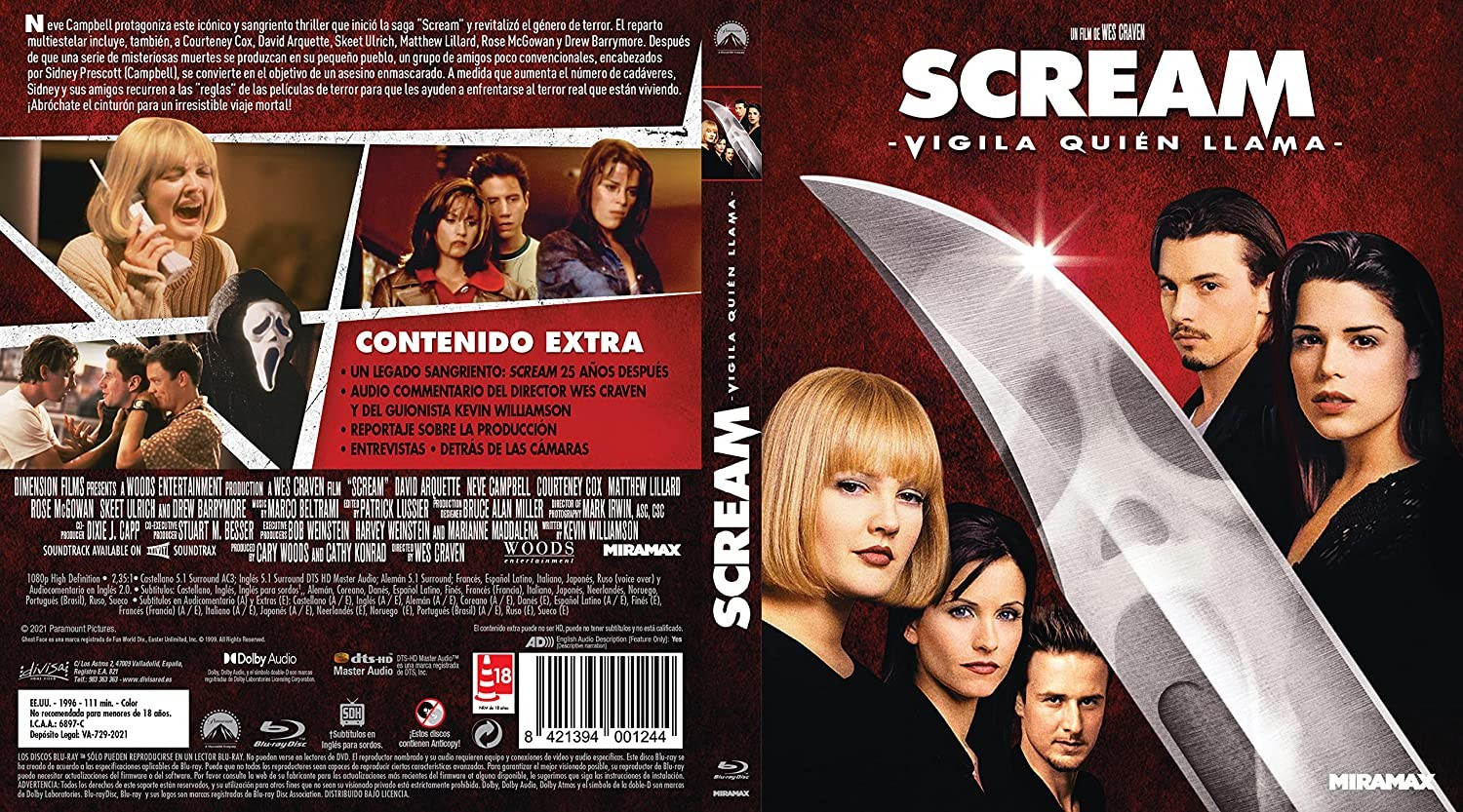 Carátula del DVD de Scream con un gran cuchillo de Ghostface en primer plano y los rostros del reparto.