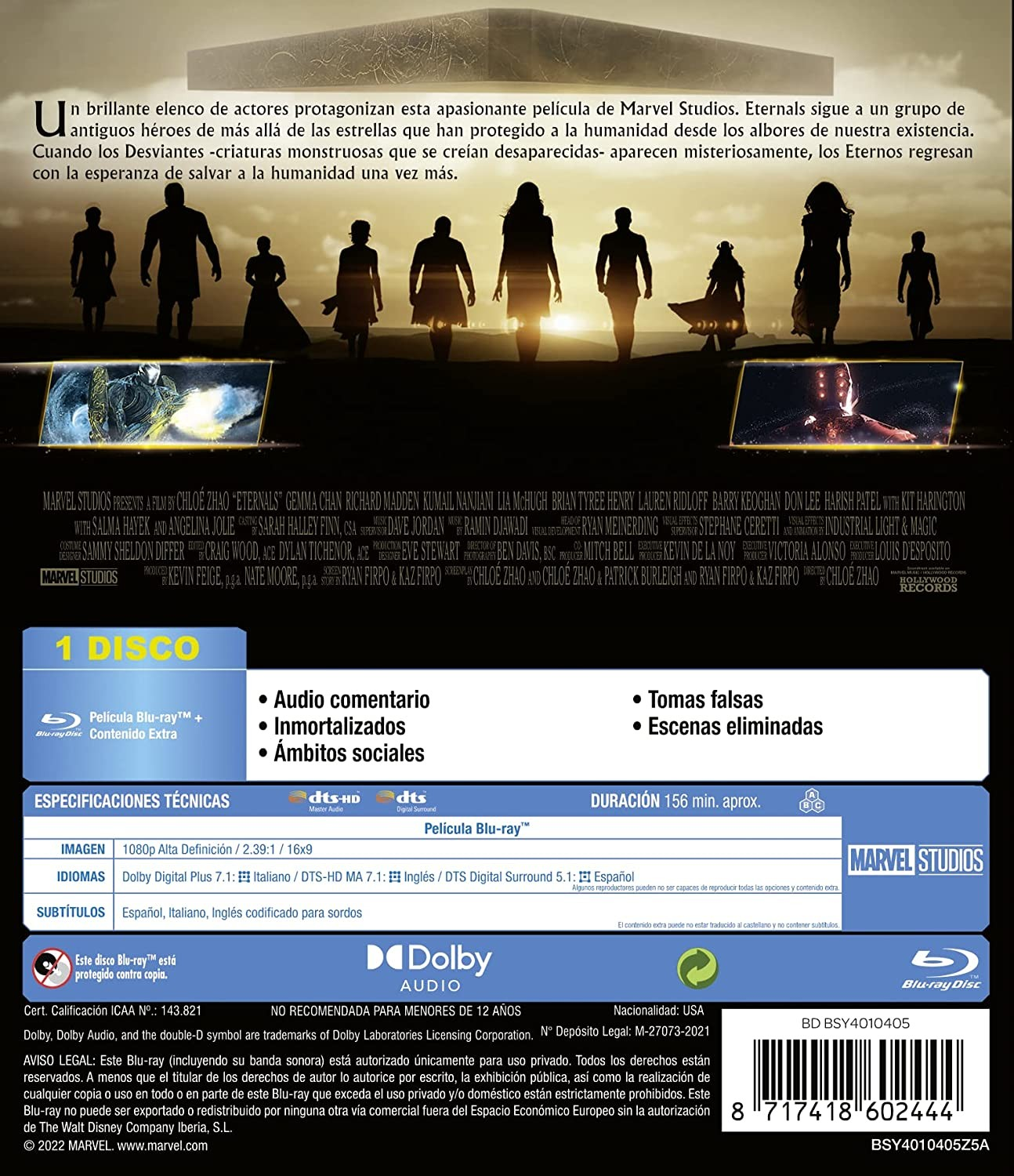 Caratula de Blu-ray de Eternals de Marvel Studios con siluetas de personajes y especificaciones.