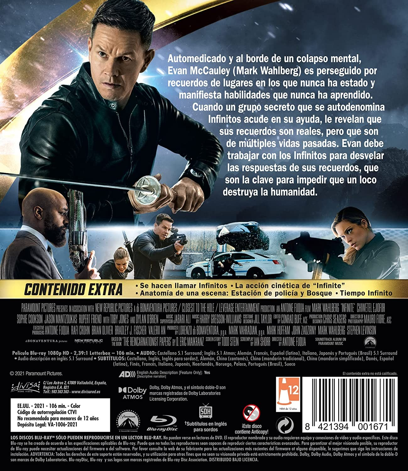 Contraportada de la caja de Blu-ray de la película Infinite con Mark Wahlberg, imágenes de escenas y texto en español.