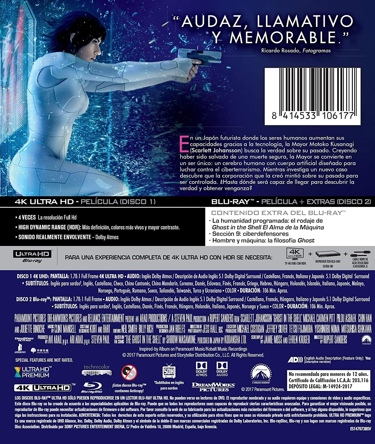 Contraportada del Blu-ray Ghost in the Shell con texto y escena.